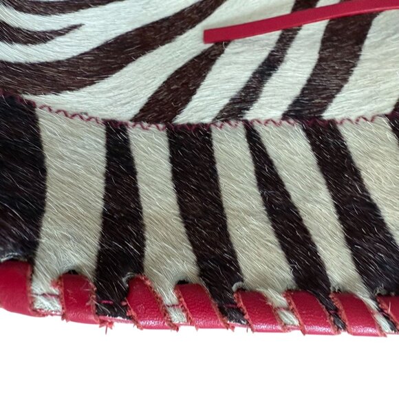 Bloomingdales Zebra Print Leather Tote Bag Whipstitch Detail Black Red Italy - Picture 2 of 6